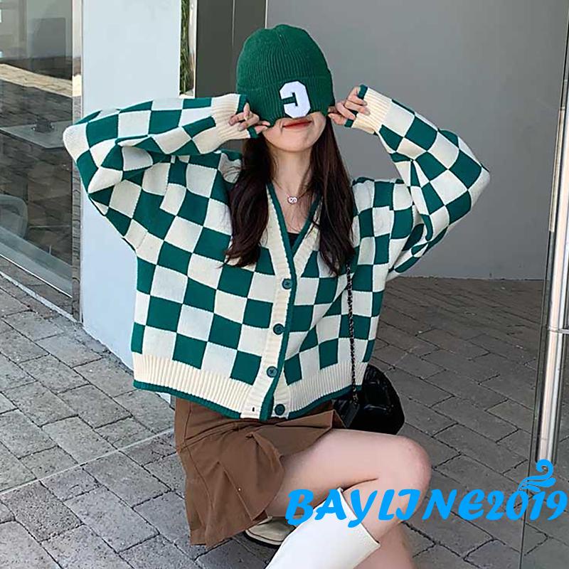 Áo khoác cardigan dệt kim cổ chữ v tay dài dáng rộng in họa tiết kẻ ô màu xanh lá/đen