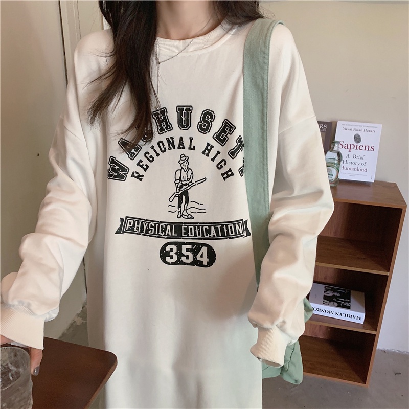 SUXI Đầm Midi Cổ Tròn Tay Dài Dáng Rộng In Chữ Thời Trang Xuân Thu Xinh Xắn Cho Nữ