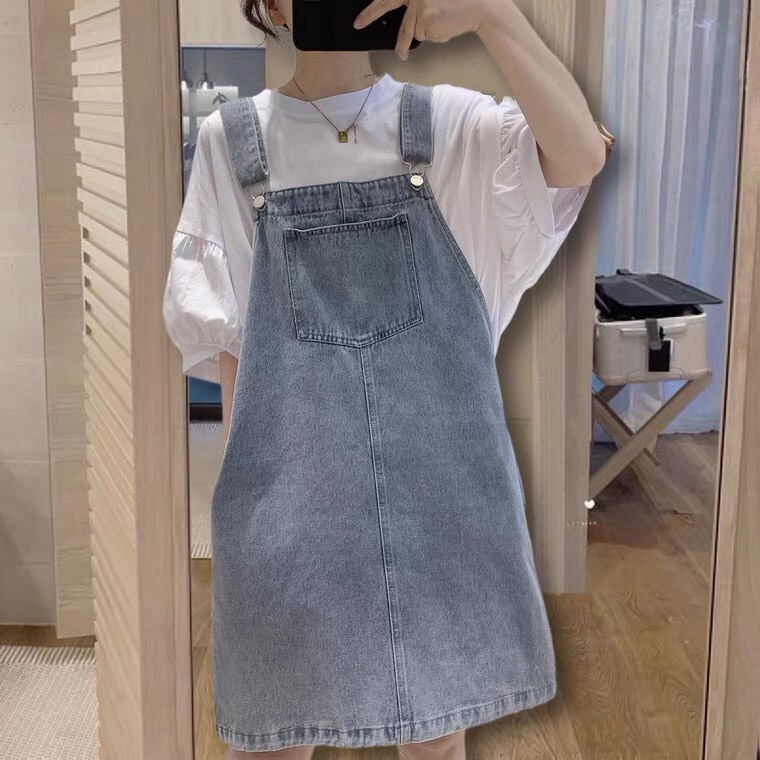 Yếm váy jean rộng 2 dây cao cấp, váy jean túi ngực phong cách Hàn Quốc nhẹ nhàng, cá tính - Lari jean | BigBuy360 - bigbuy360.vn