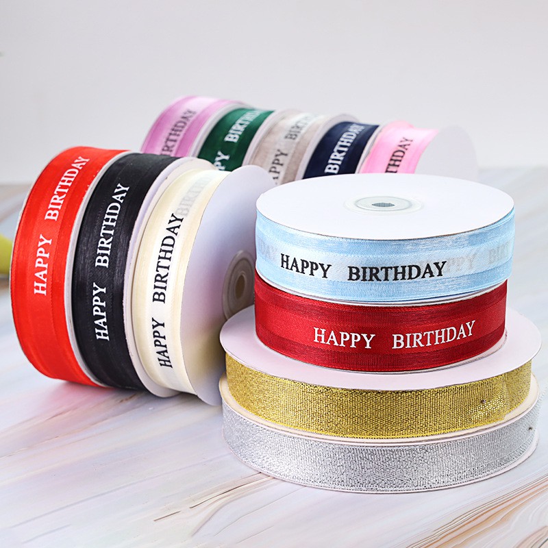 Lẻ 1 mét ruy băng vải voan in chữ Happy Birthday 2cm siêu đẹp trang trí túi đựng quà