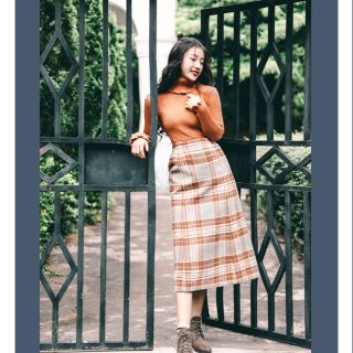 Set Áo len chân váy kẻ caro Cam đất Vintage- Ord