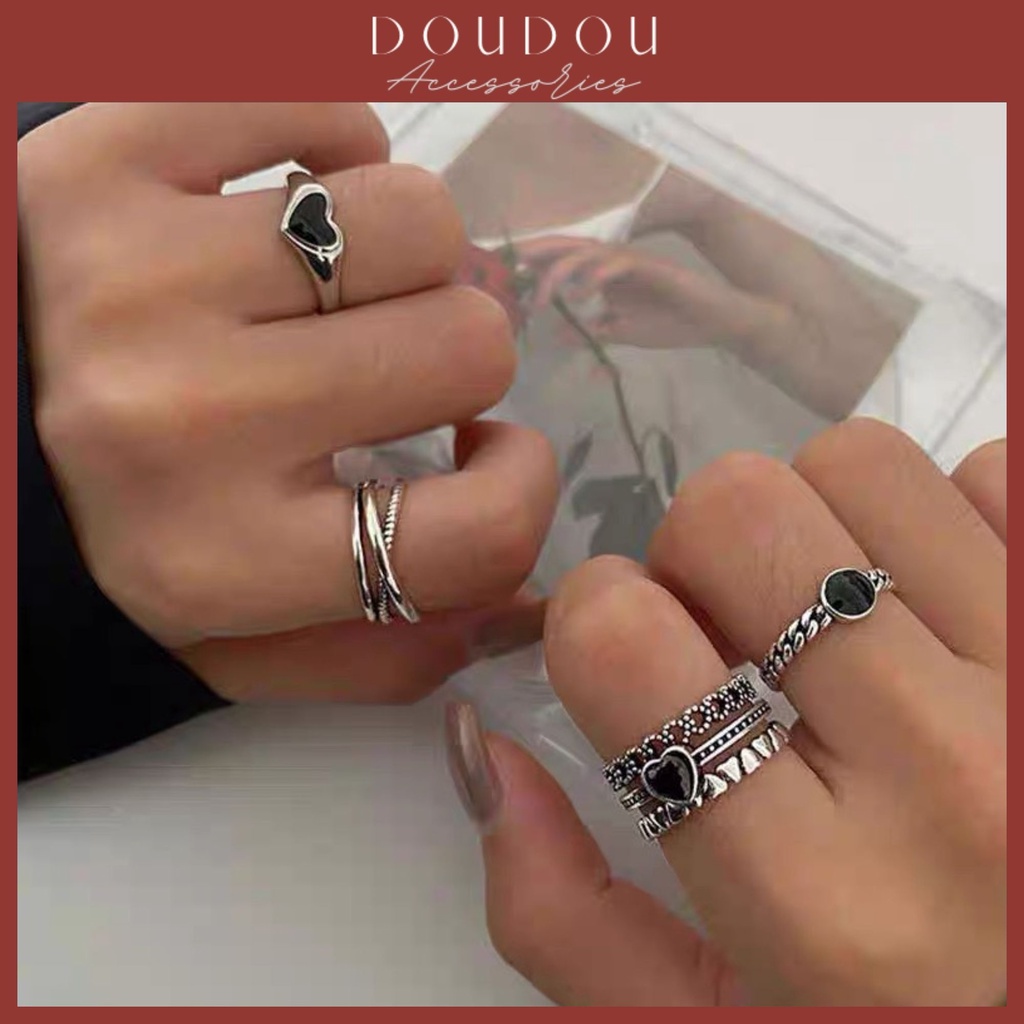 Nhẫn nữ freesize Doudou Set nhẫn bạc đính đá đi tiệc phá cách cá tính phong cách Âu Mỹ sang chảnh thời trang JZ007