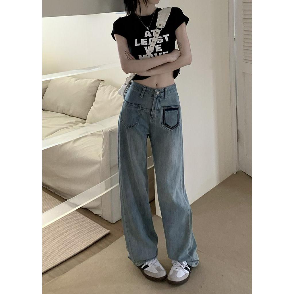 Quần Jean Ống Rộng Lưng Cao Có Túi Màu Sắc Tương Phản Phong Cách Thời Trang Mới 64186