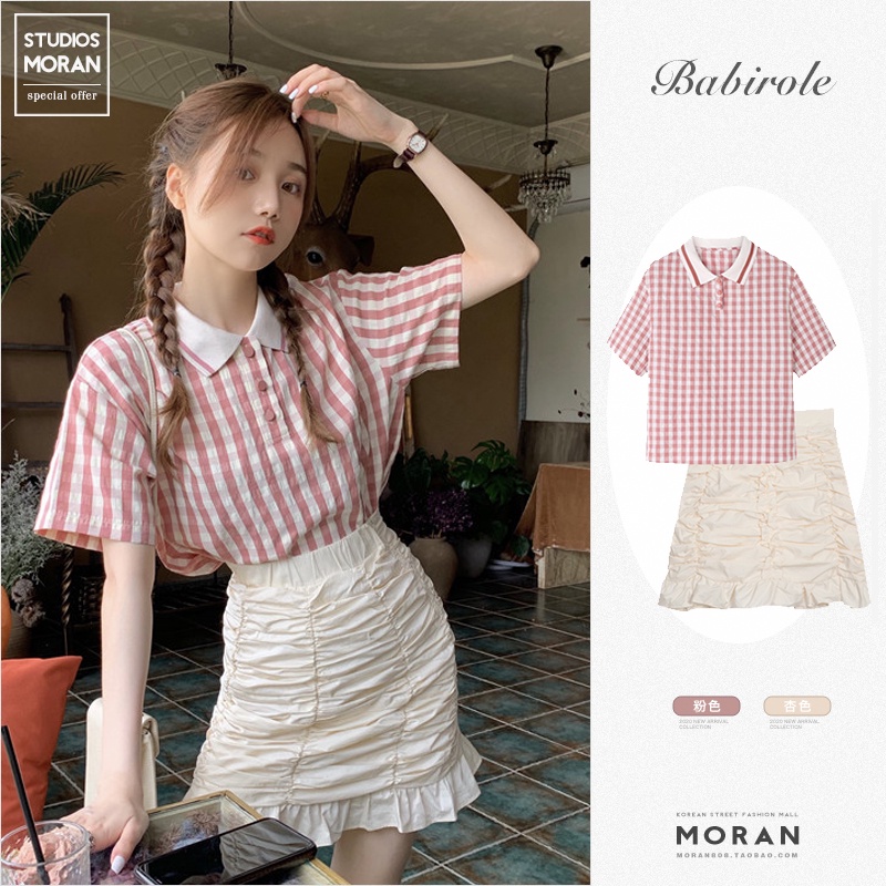 (ORDER- sẵn chân váy S) Set áo sơ mi kẻ sọc cổ bẻ POLO + Chân váy nhăn nhún ôm body điệu đà đáng yêu