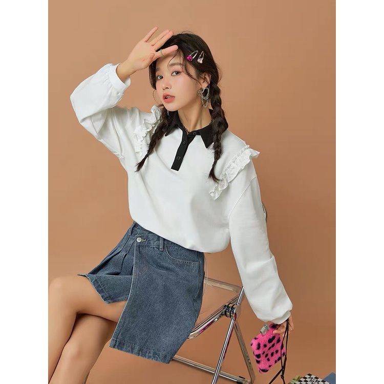 Áo polo dài tay nữ nhún vai dây rút áo kiểu phong cách Hàn Quốc hàng thiết kế ALALA