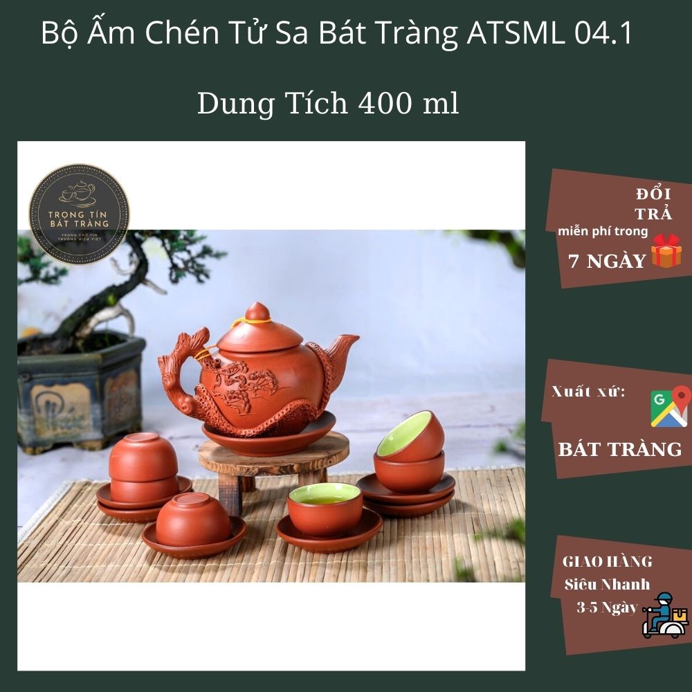 Bộ Ấm Chén Trà Đạo Gốm Tử Sa Bát Tràng Đắp Nổi Hoa Tùng Dáng Thủy Bình Dung Tích 400ml (Bộ Ấm Chén) ATSML 04.1