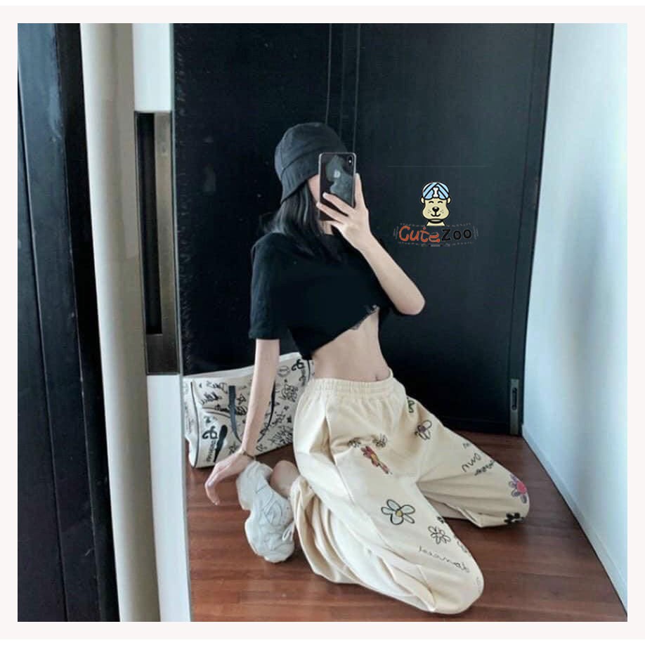 [ Mã WASTRUN4 giảm 10% tối đa 30K đơn 99K] Set áo croptop hở rốn và quần jogger thể thao hoa cúc chất mềm mát - CUTEZOO