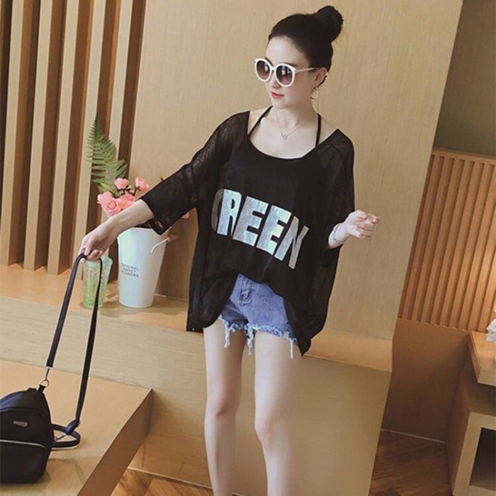 Set Áo Thun Tay Lỡ Trong Suốt Phối Áo Hai Dây In Chữ Size Lớn M-4xl Cho Nữ