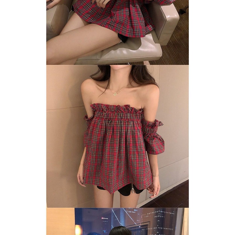 Áo Kiểu Trễ Vai Họa Tiết Sọc Caro Quyến Rũ Thời Trang