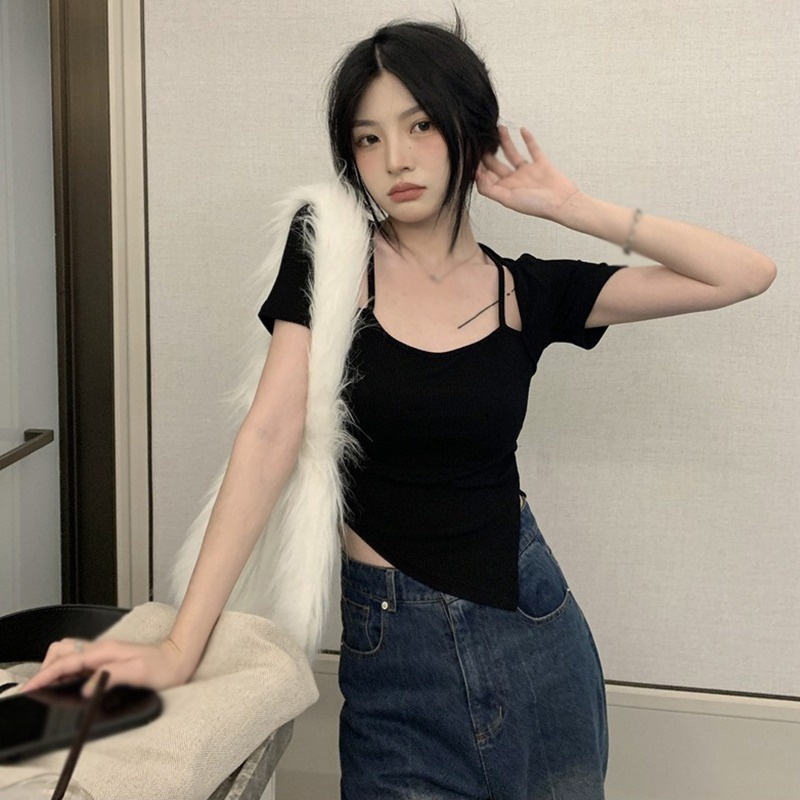 Áo Thun Tay Ngắn Cổ Vuông Thiết Kế Độc Đáo Phong Cách Hàn Quốc Thời Trang Cho Nữ