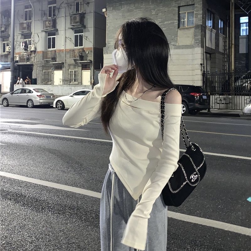 COZOKC COZOK Áo thun COZOK tay dài hở vai dáng ôm phong cách Hàn Quốc thời trang cho nữ