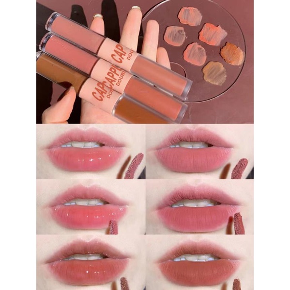 Set 1/3 son kem lì CAPPUVINI/Uslike tông nude 3D chống thấm nước 2 trong 1 thời trang