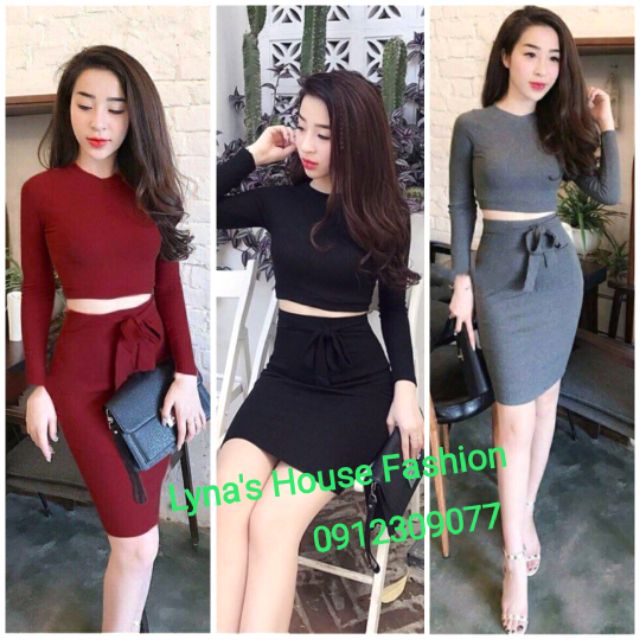 LH05 - Set Áo Croptop Tay Dài Và Chân Váy Bút Chì
