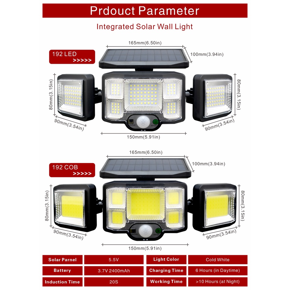 Đèn LED 192 COB 3 Đầu Cảm Biến Chuyển Động Chống Nước 3 Chế Độ Kèm Điều Khiển Từ Xa Cho Sân Vườn