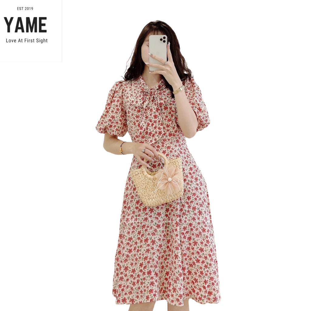Váy cổ nơ tay bồng bo chun hoa nhí màu hồng có lớp lót lụa mềm YAME