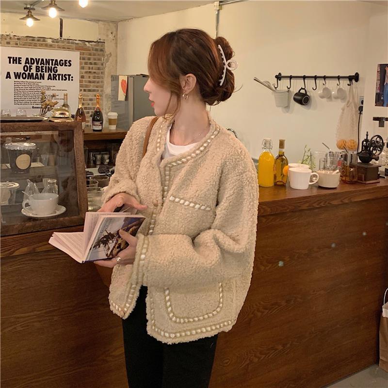 Áo Khoác Len Lông Cừu Dày Dặn Dáng Rộng Phong Cách Thời Trang retro Hàn Quốc