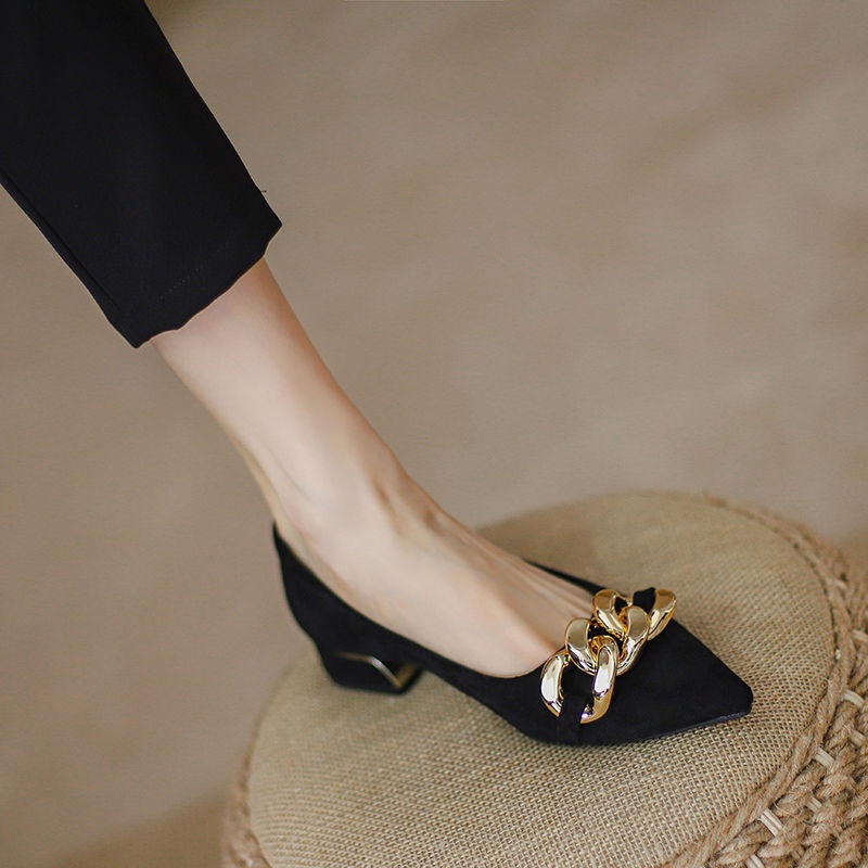 Giày búp bê cao gót bán nguyệt phối dây xích kim loại thời trang mùa hè pháp 2021