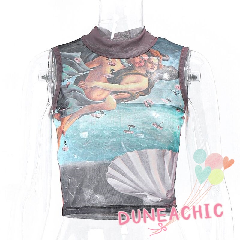 DUNEA Áo Tank Top Cổ Tròn In Họa Tiết Nghệ Thuật Phong Cách Đường Phố Cho Nữ