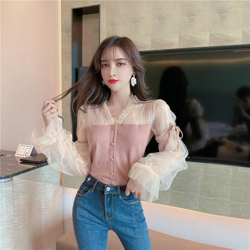 Women's Mesh Gauze Slim Puff Sleeve Long Sleeve Shirt | BigBuy360 - bigbuy360.vn