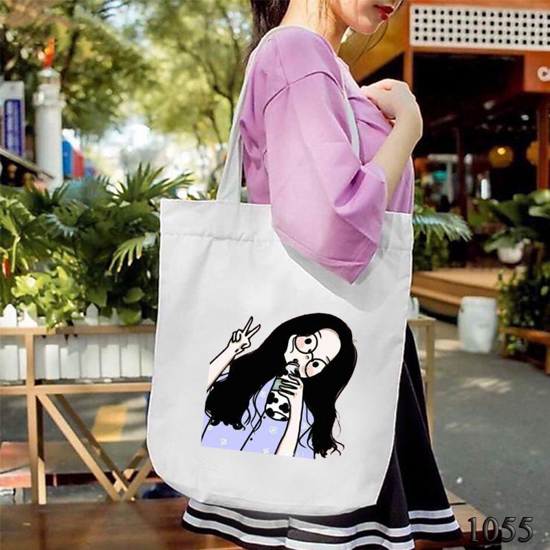 Túi Tote Túi Vải Canvas Trắng Họa Tiết Cô Bé Trà Sữa 1055 Kích Cỡ Lớn Đựng Vừa A4 Phong Cách Hàn Quốc Cực Xinh