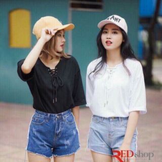 Áo thun tay ngắn đan dây cổ còn xanh lá