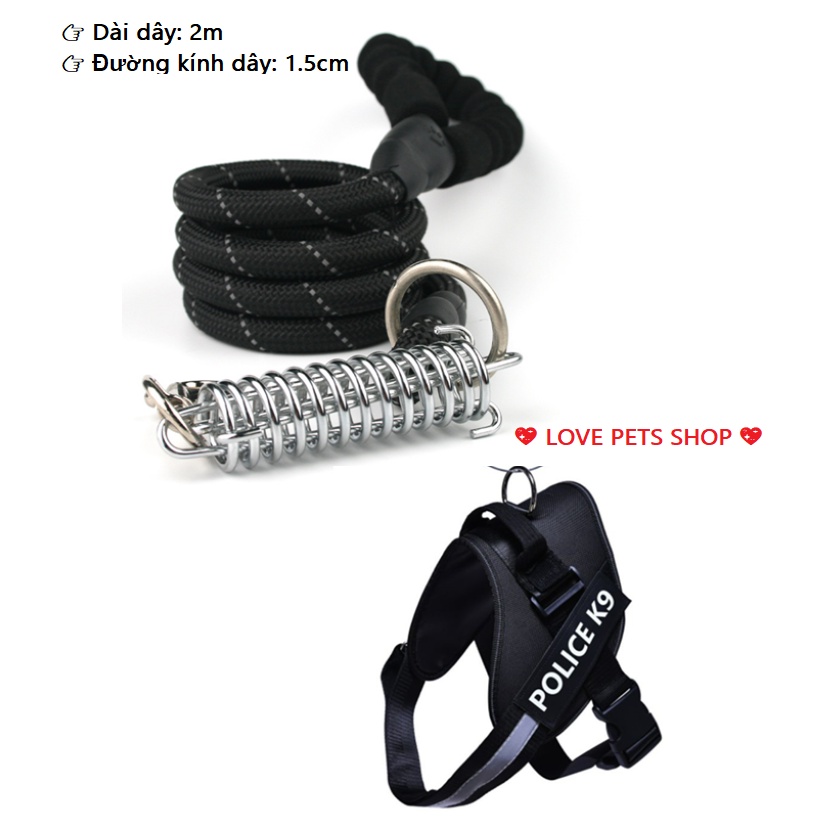 BỘ DÂY DẮT CHÓ PHẢN QUANG CÓ LÒ SO TRỢ LỰC KÈM ĐAI YẾM K9 (MẪU MỚI)  -  LOVE PETS SHOP