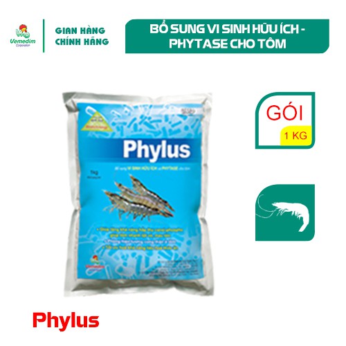 Vemedim Phylus tôm, bổ sung vi sinh hữu ích và phytase, giúp tiêu hóa thức ăn và hấp thu dinh dưỡng cho tôm, gói 1Kg