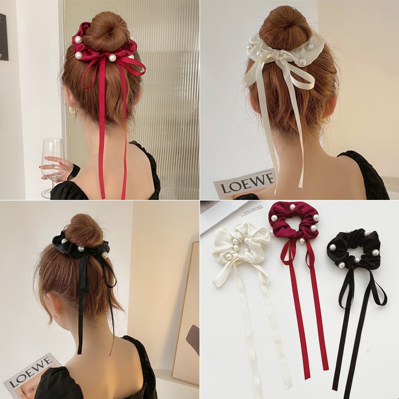 Dây buộc tóc ruy băng dài đính ngọc trai phong cách hàn quốc thanh lịch