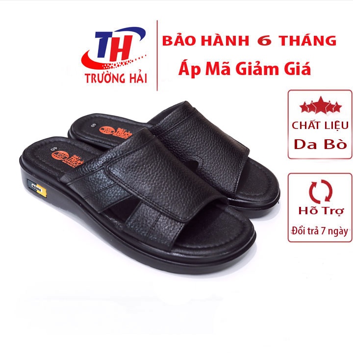 Dép quai ngang nam da bò Trường Hải đế PU cao 3,5cm Màu Nâu QNN267