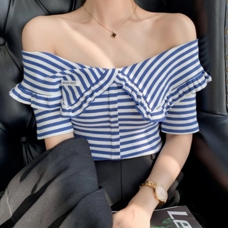 Áo Trễ Vai Ngắn Tay Họa Tiết Kẻ Sọc Thời Trang Dành Cho Nữ