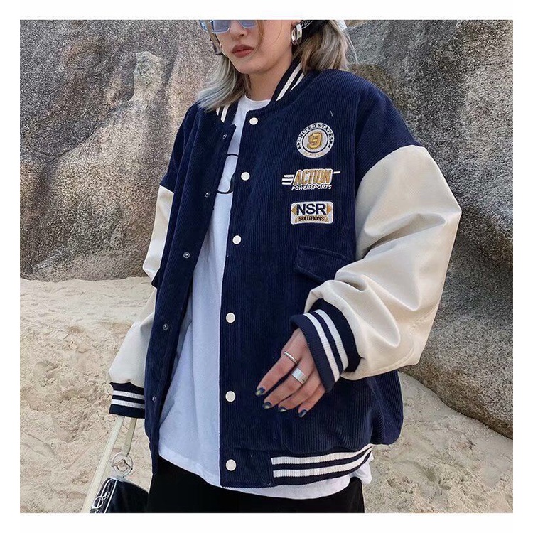 Áo bomber nhung kiểu cúc bấm phối tay trắng in họa tiết NSR thời trang hàn quốc | BigBuy360 - bigbuy360.vn