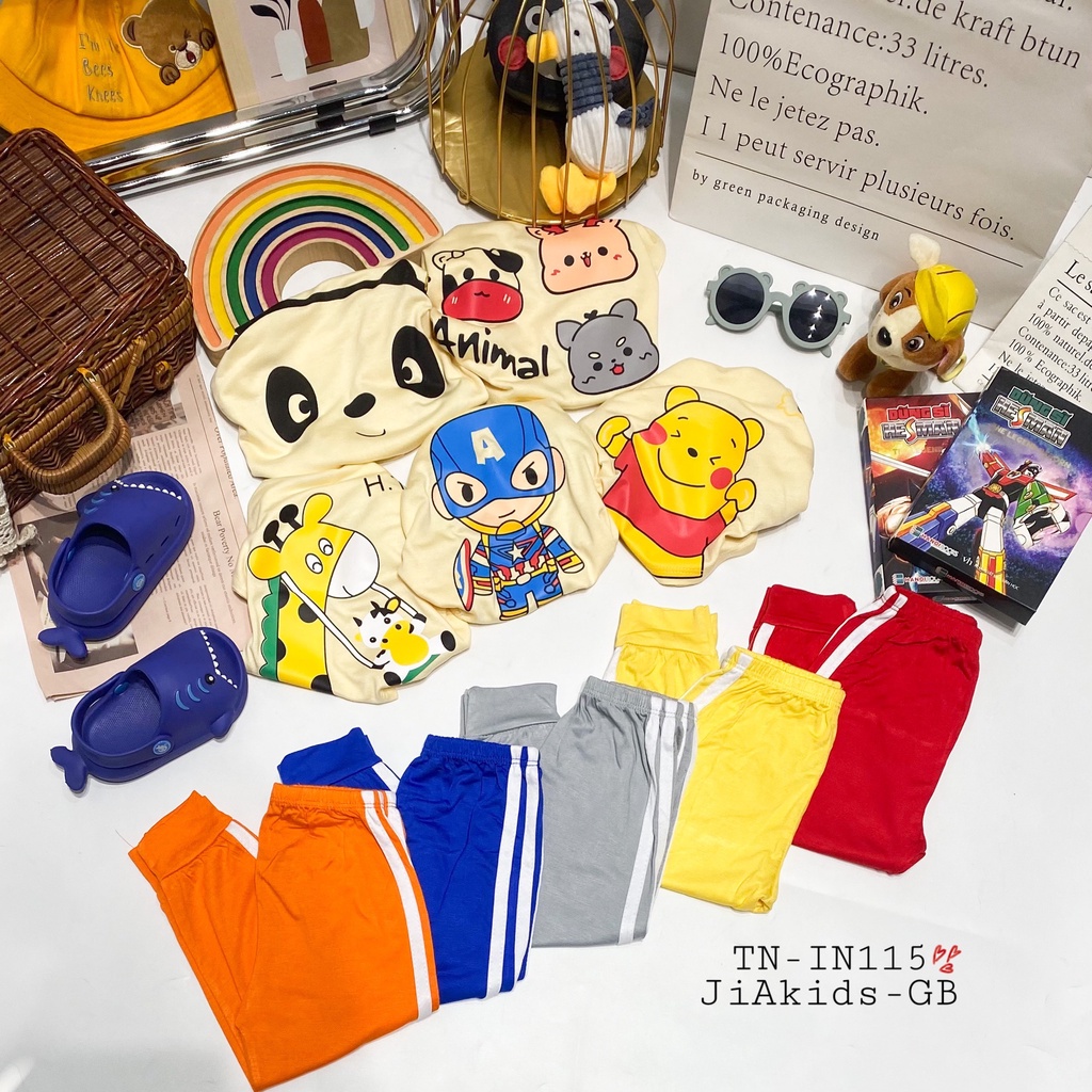 Bộ Tay Ngắn Quần Dài THUN LẠNH MINKY MOM Quần Chạy Sọc Áo In Hình Dễ Thương Cho Bé TN-IN115