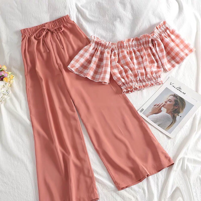 Set áo Croptop caro tay bèo + quần ống rộng