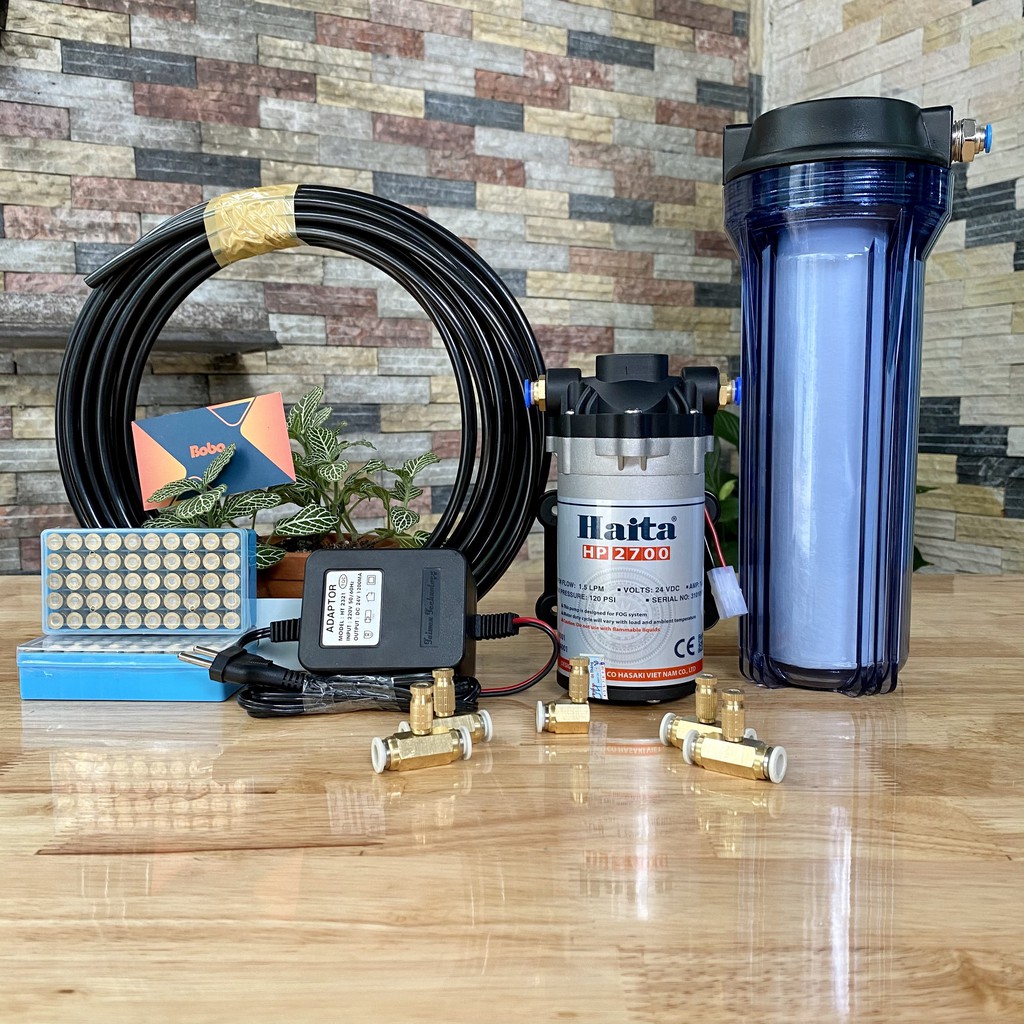 Bộ phun sương làm mát nhà, làm mát quán ăn, cafe gồm đủ phụ kiện bảo hành chính hãng bơm Haita hp2700 - 10 đầu phun