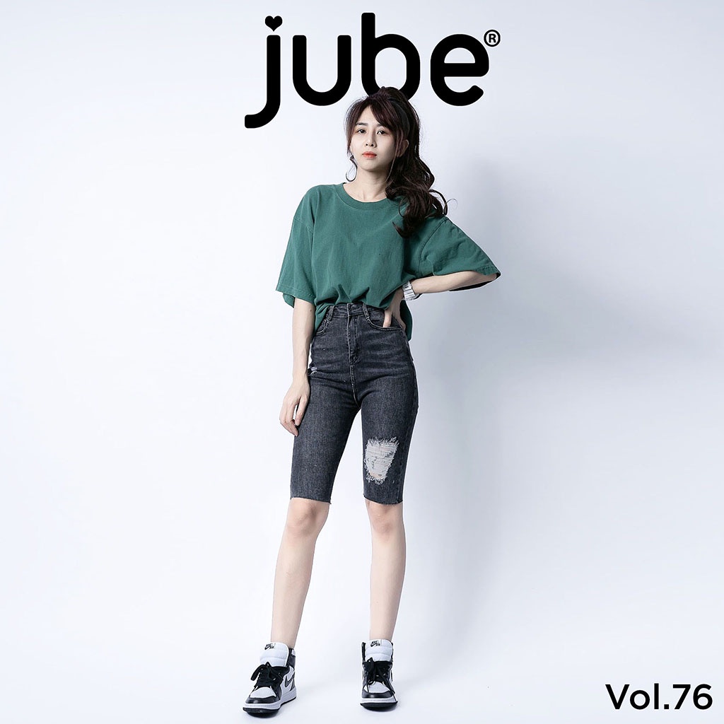 Quần Jean Ngố Nữ Lưng Cao JUBE Vol.76, Quần Lửng Nữ Skinny Rách Cắt Gấu Vải Jeans Giãn Hack Dáng, BST Signature Jeans