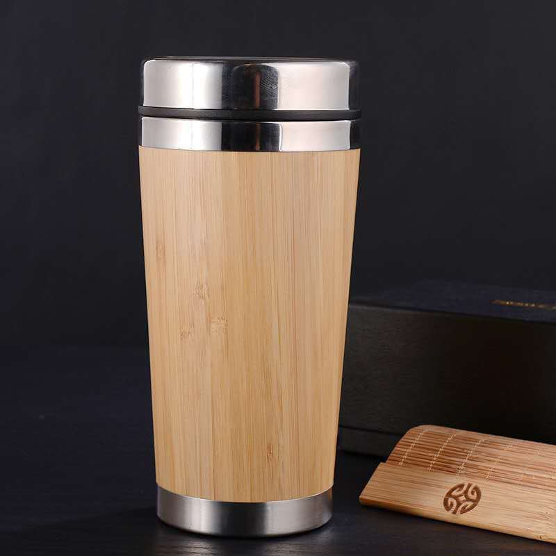 Cốc - Ly Uống Nước Vỏ Tre Cao Cấp - Lõi Inox 304 Giữ Nhiệt - 450ml (Tặng Ống Hút Inox Gập 0.6 x 21cm)