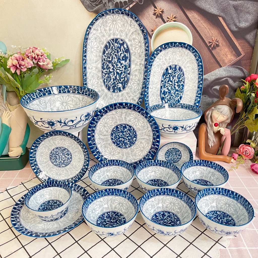 Bộ Bát Đĩa 🥣 Hoa Viền Xanh 🥣   Set Chén Dĩa Decor Bát Ăn Cơm Gốm Sứ Dễ Thương Cute B131