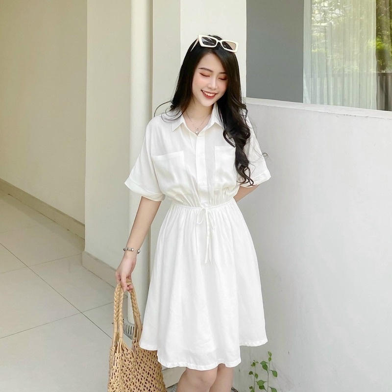 Đầm váy sơ mi thun eo 2 màu
