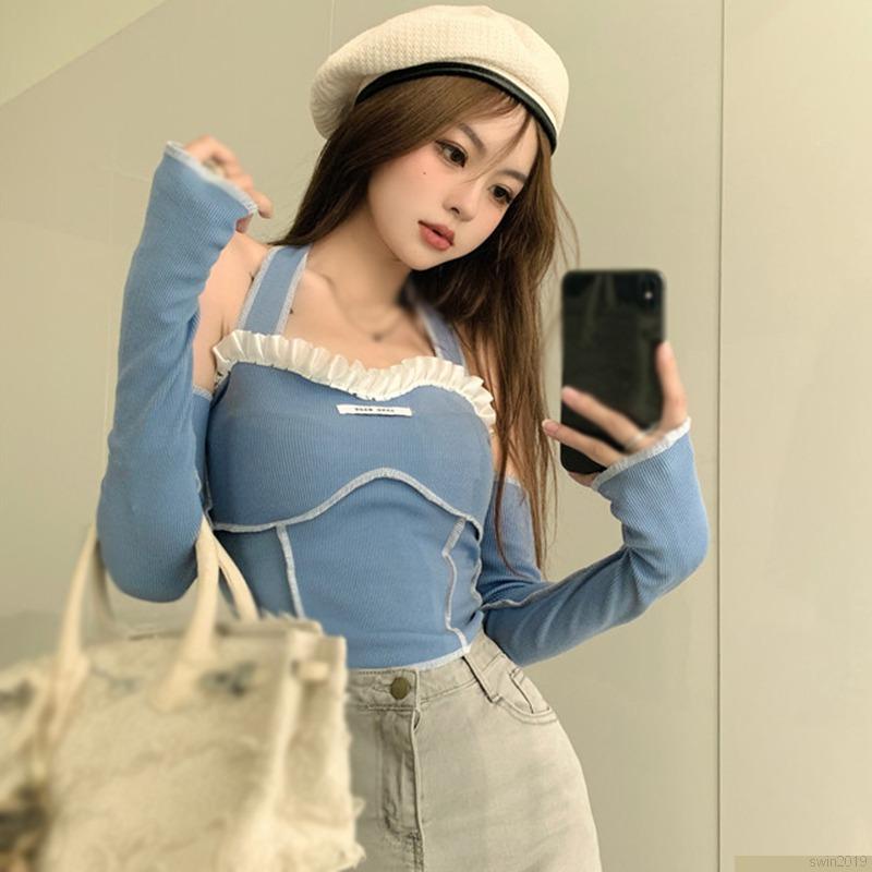 Áo croptop tay dài phối bèo thiết kế trễ vai quyến rũ thời trang dành cho nữ