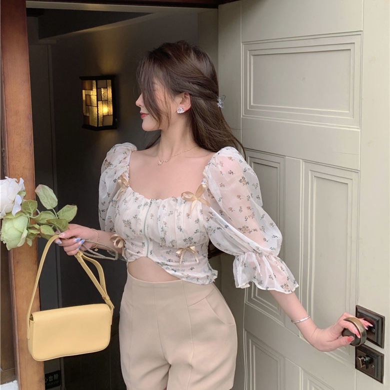 Áo Sơ Mi Voan Tay Ngắn Họa Tiết Hoa Phong Cách Pháp Thời Trang Cho Nữ