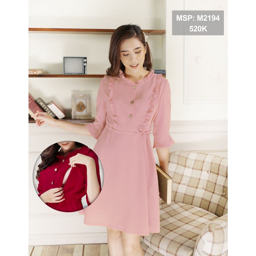 Đầm bầu công sở cho con bú, vắt sữa sau sinh MOLYS M2192 tay lửng thắt đai linh động