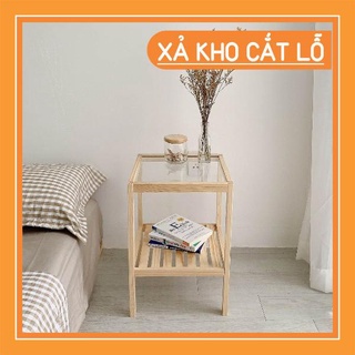 (THANH NAN DÀY DẶN + KÈM ẢNH THẬT) KỆ ĐẦU GIƯỜNG  KHUNG GỖ TỰ NHIÊN MẶT KÍNH CƯỜNG LỰC  - MSP: 12017012