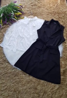 Set đầm vest thắt eo + áo ren