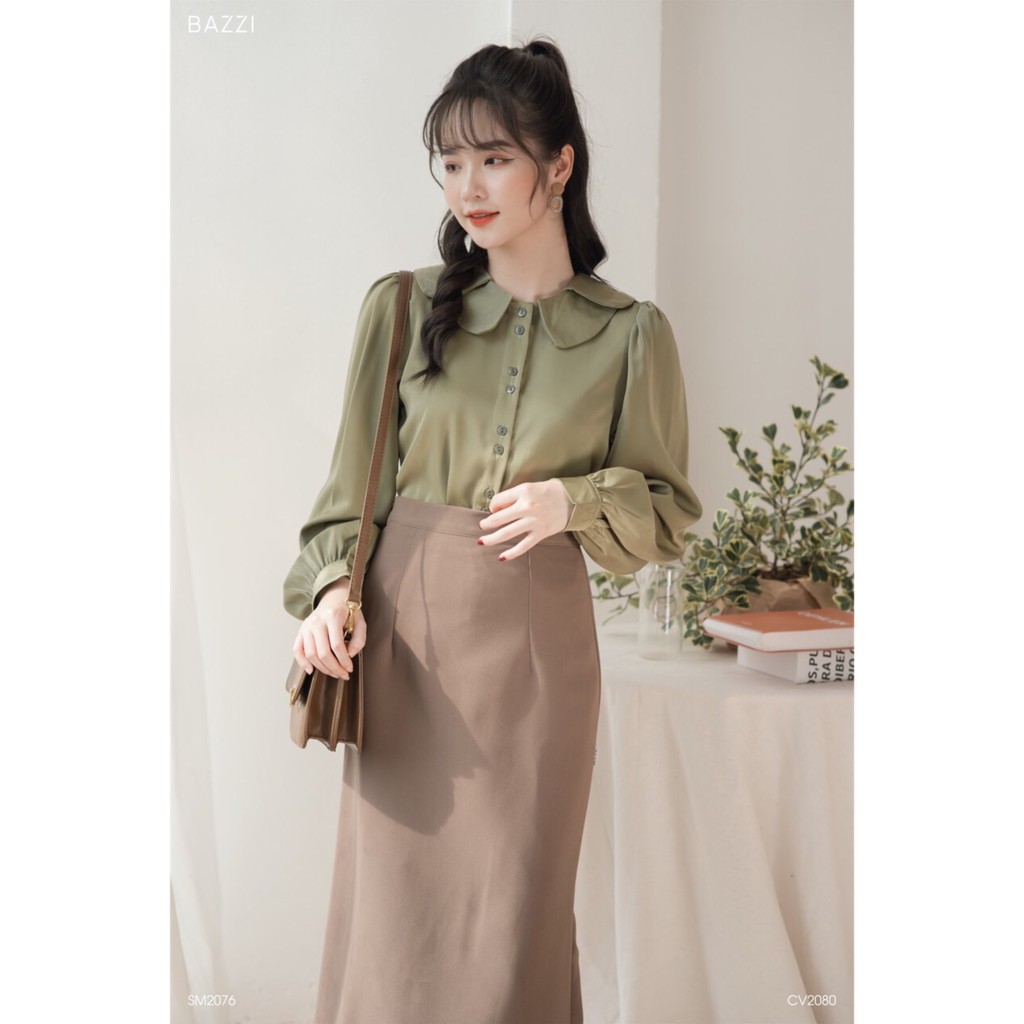 Áo sơ mi nữ công sở chất lụa màu xanh rêu cổ 2 lớp dài tay thiết kế Bazzi-ẢNH THẬT TỰ CHỤP