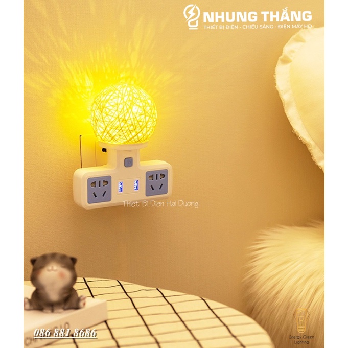 Ổ Cắm Điện Đa Năng - Đèn Ngủ Cầu Mây - 2 Cổng USB , Ổ Chịu Tải 2500W, Chống Cháy Nổ - Tặng Kèm Phích Chuyển Đổi