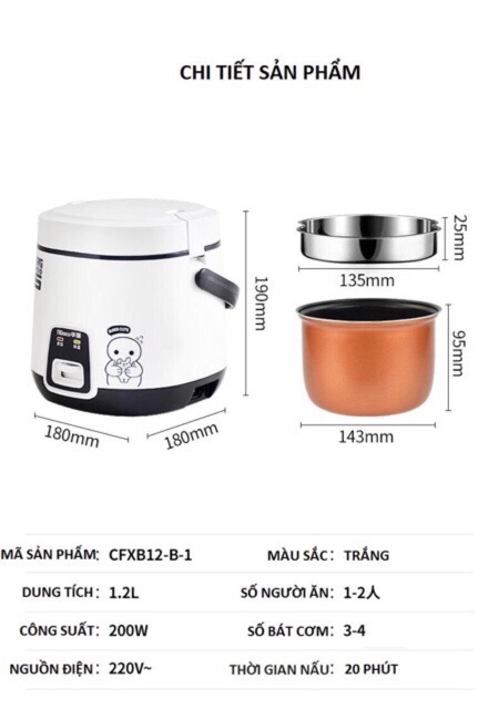 (Xả kho) Nồi cơm điện mini 1,2 L dành cho 1-2 người ăn kèm khay hấp hàng nội địa Trung