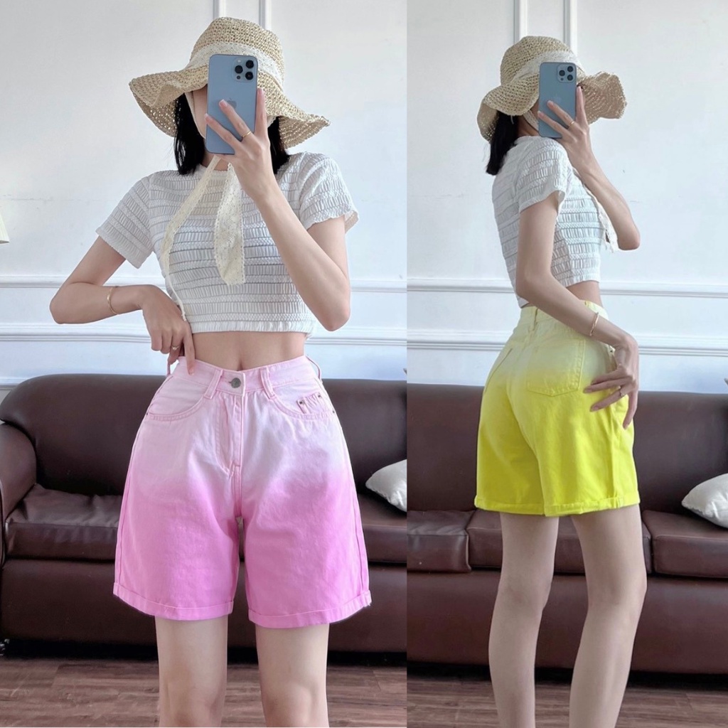 Quần short kaki wash phối 2 màu lưng cao ống rộng có Bigsize (SK1112)