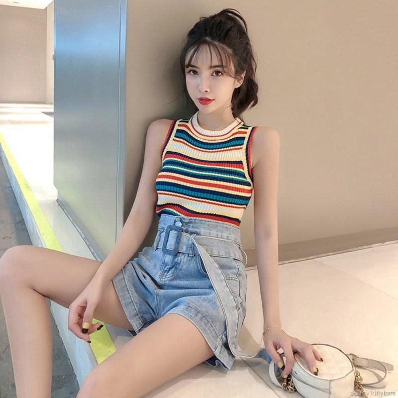 Áo Sát Nách Không Tay Cổ Tròn Dệt Kim Hoạ Tiết Kẻ Sọc Màu Cầu Vồng Tương Phản Thiết Kế Quyến Rũ Dành Cho Bạn Nữ | BigBuy360 - bigbuy360.vn