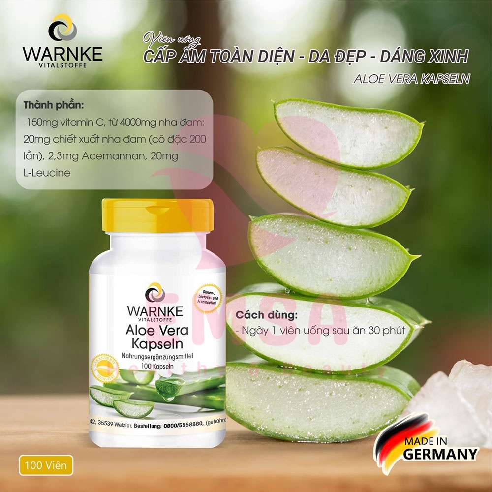 Viên uống cấp ẩm cho da Warnke Aloe Vera Kapseln chiết xuất từ lô hội 100 viên