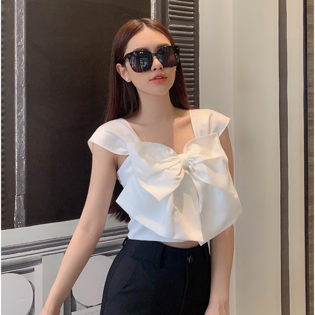 Áo crop cổ vuông nơ to